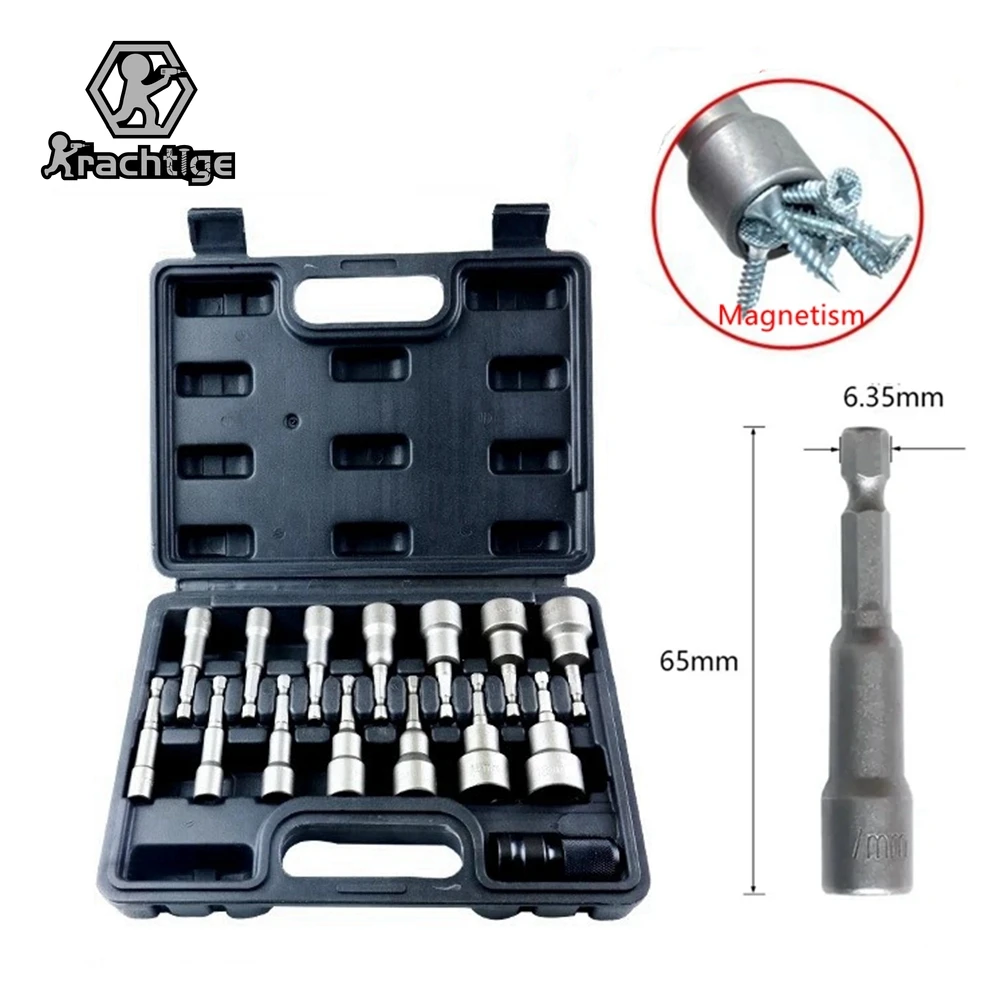 6mm-19mm Impact Socket Magnetic Nut Screwdriver 1/4 Hex Key Set Drill Bit Adapter for Power Drills Impact Drivers Socket Kit