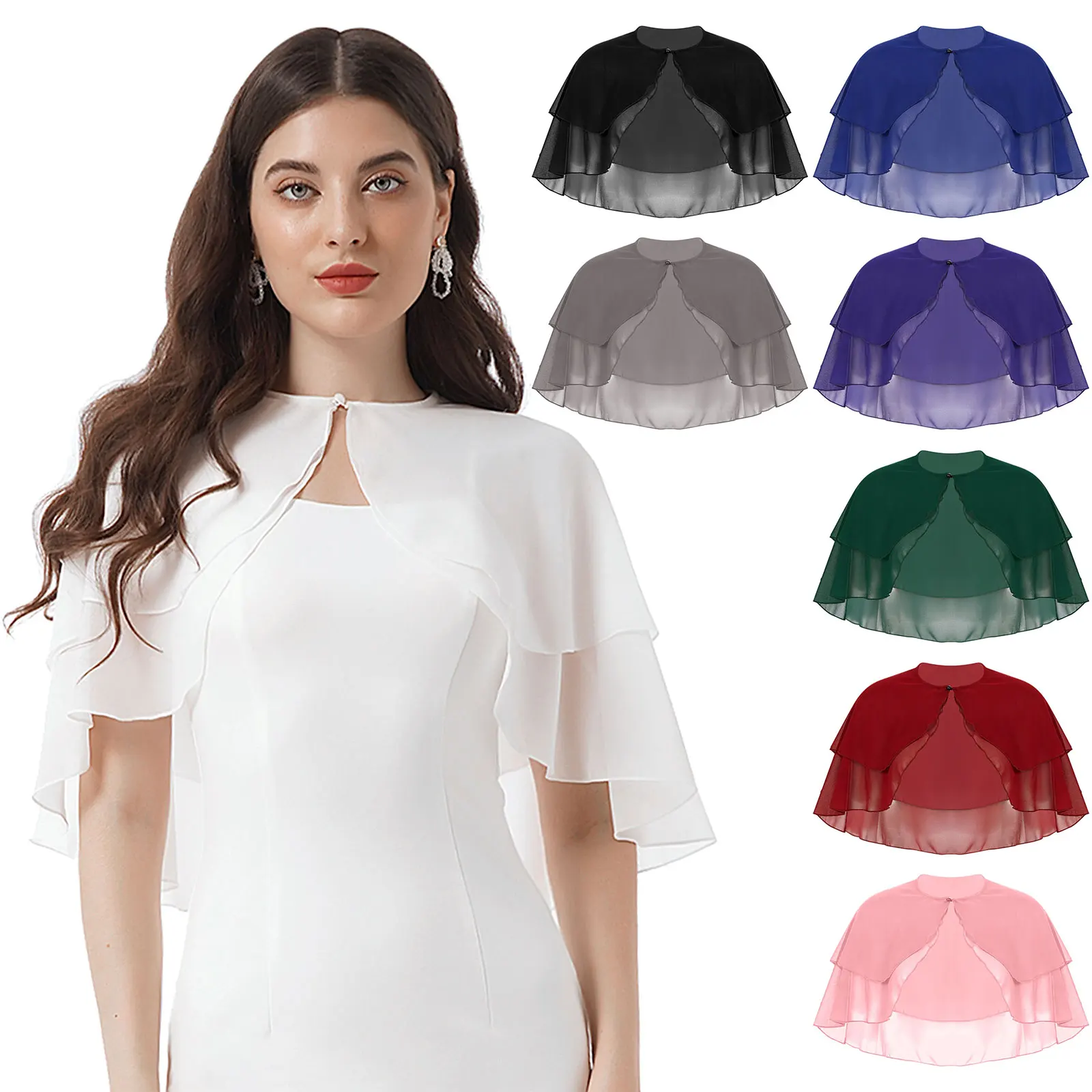 Womens Chiffon Bolero Shrug Jacket Elegant Ruffle 2 Layer Cape Sleeve Cardigan Wrap Bridal Wedding Party Dress Cover Ups