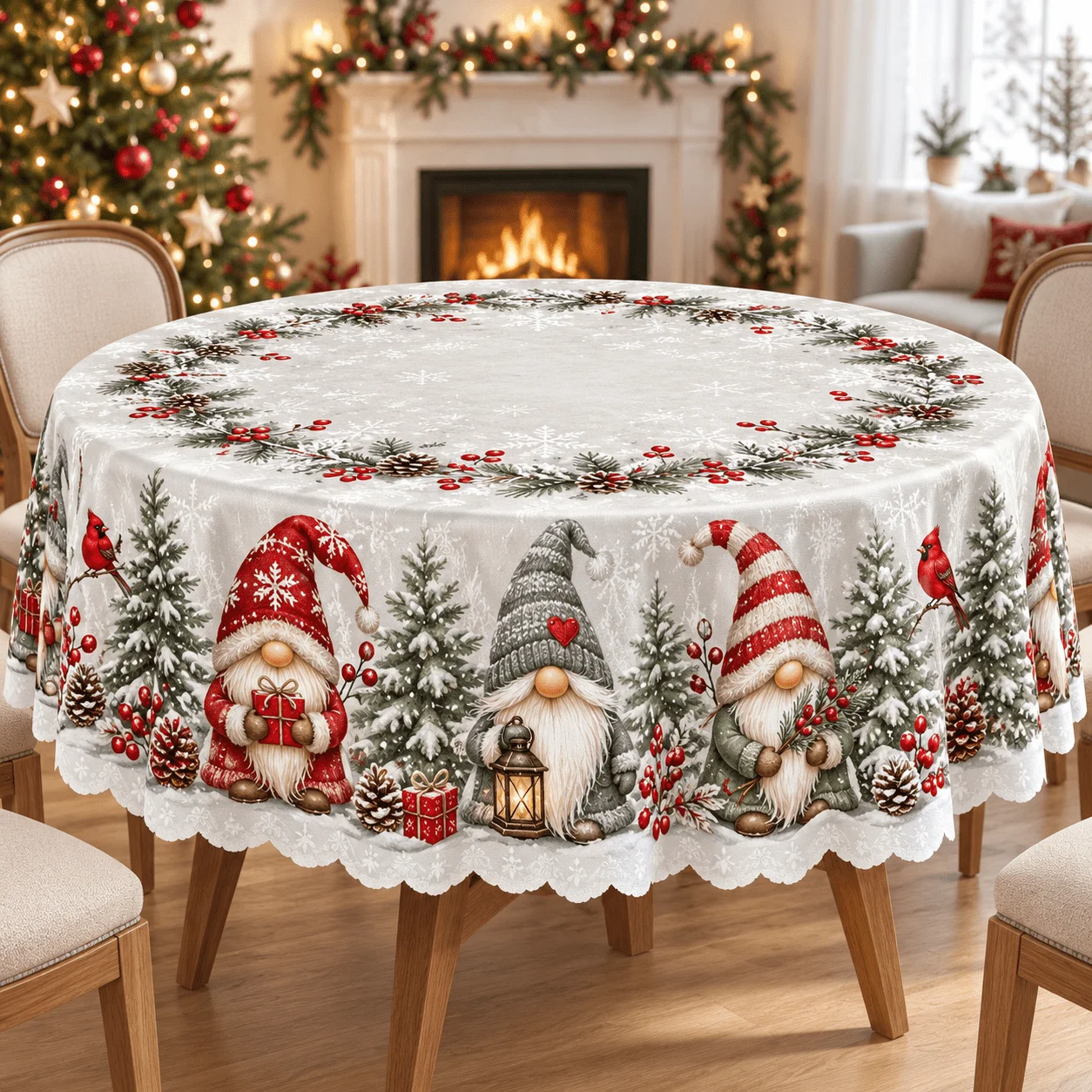 1 round tablecloth, Nordic bearded goblin with cedars, cardinals, berries, gift box and lantern pattern  table decoration