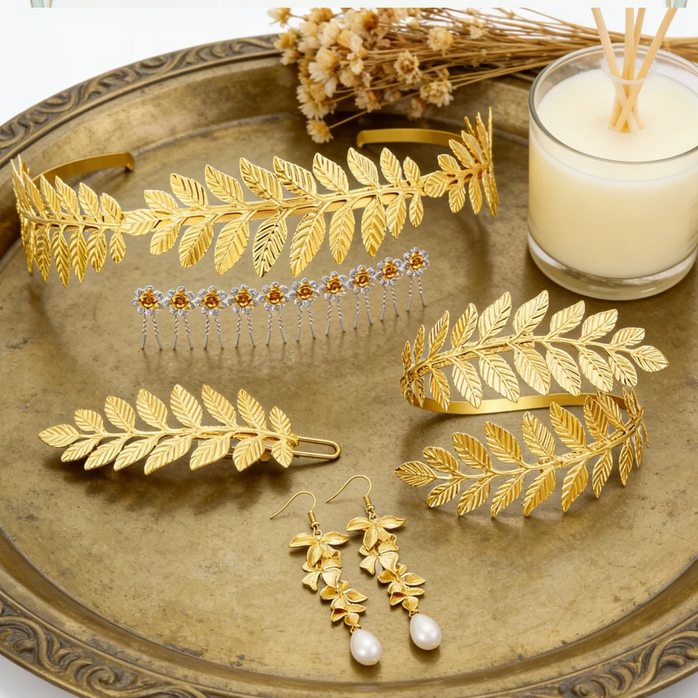 

Набор из 15 предметов: винтажная повязка на голову с листьями, манжеты на предплечья, серьги с листьями и заколки для волос с цветочным узором для праздничных и свадебных костюмов