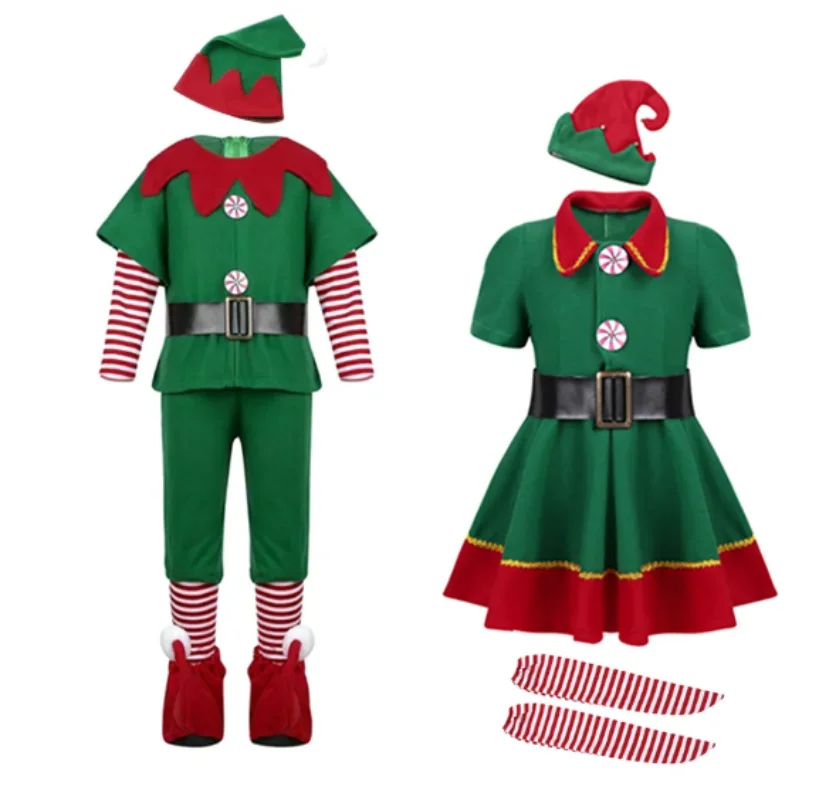 Natal Santa Claus Green Elf Cosplay Traje, Festa de Carnaval Familiar, Ano Novo, Vestido extravagante, Conjunto de roupas, Homens, Mulheres, Meninas, Meninos