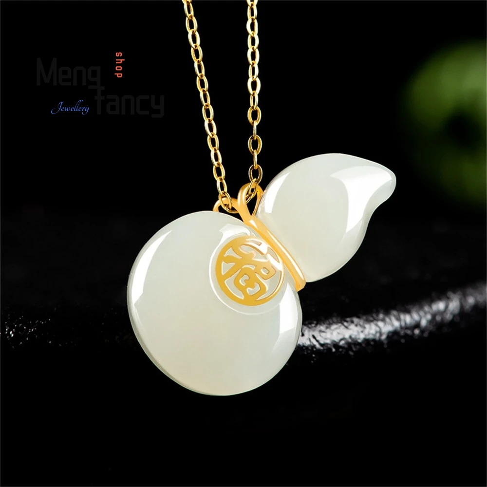 

Natural Old Material Hetian Jade White Jade Gourd Pendant Authentic 18K Gold Inset Jade Stone Men's Necklace Women's Pendant