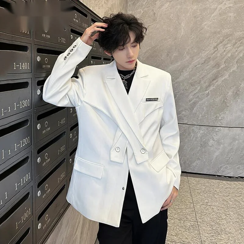 Niche Design Male Blazer Shoulder Pad Trendy Cross Men's Deconstructed Suit Coat Solid Color Korean Style Menwear NFT67