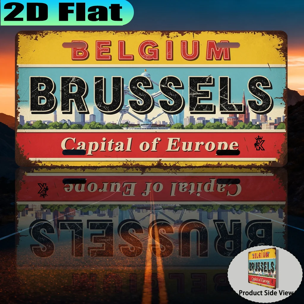 2D Flat 1pc,Vintage Aluminum License Plate Brussels European Capital 12.0x6.0inch,Vintage Urban Style,Gift for Travel Enthusi