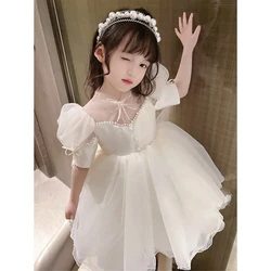 Girls' Summer Fluffy Dress Pearl Collar Bubble Sleeves Baby Princess Birthday Dress Performance Dress Children Stylish Clothing