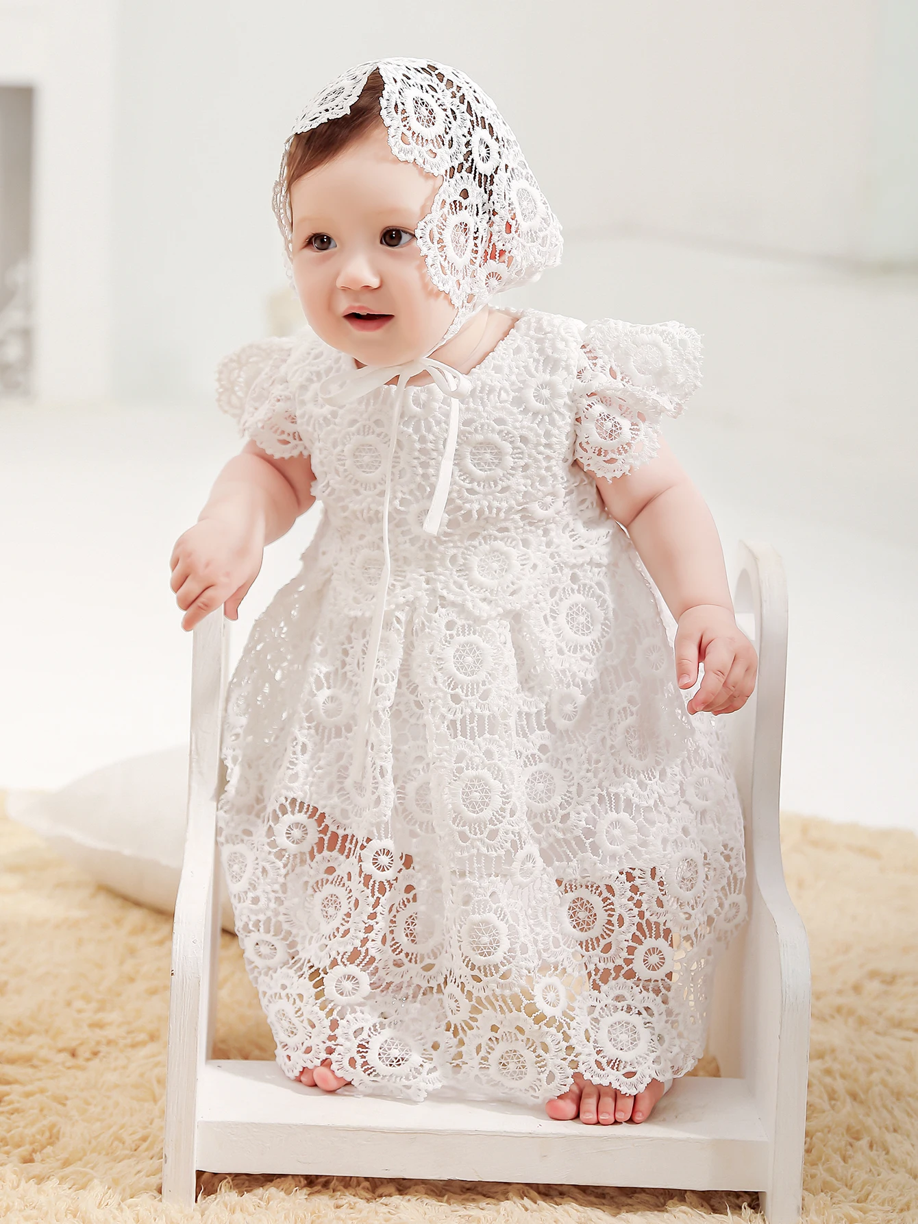 

White Baptismal Dress Suitable For 0-2 Year Old Baby Girls Lace And Gauze Details Birthday Party