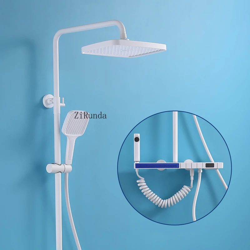 طقم دش ثرموستاتي من النحاس بالكامل مع رذاذ يدوي ورف عريض ودش مضغوط كبير الحجم باللون الأبيض