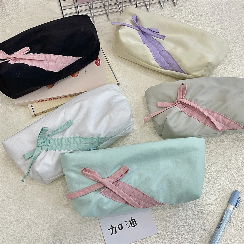 Trousse à crayons en tissu Simple Style Ins, sac de maquillage à nœud papillon, sac de rangement de grande capacité, pochette de papeterie, fournitures scolaires, cadeau pour filles