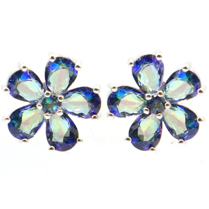 

15x15mm Flowers Shape Fire Rainbow Mystic Topaz Pink Kunzite London Blue Topaz Women Engagement Silver Earrings