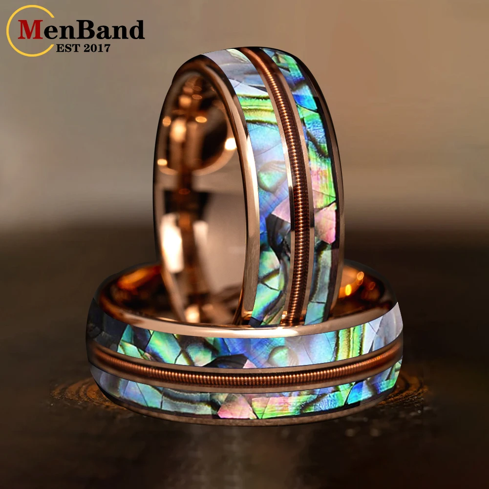 

MenBand 8MM Men Women New Wedding Band Tungsten Carbide Ring with Abalone Shell and Rose Gold Guitar String Inlay Comfort Fit