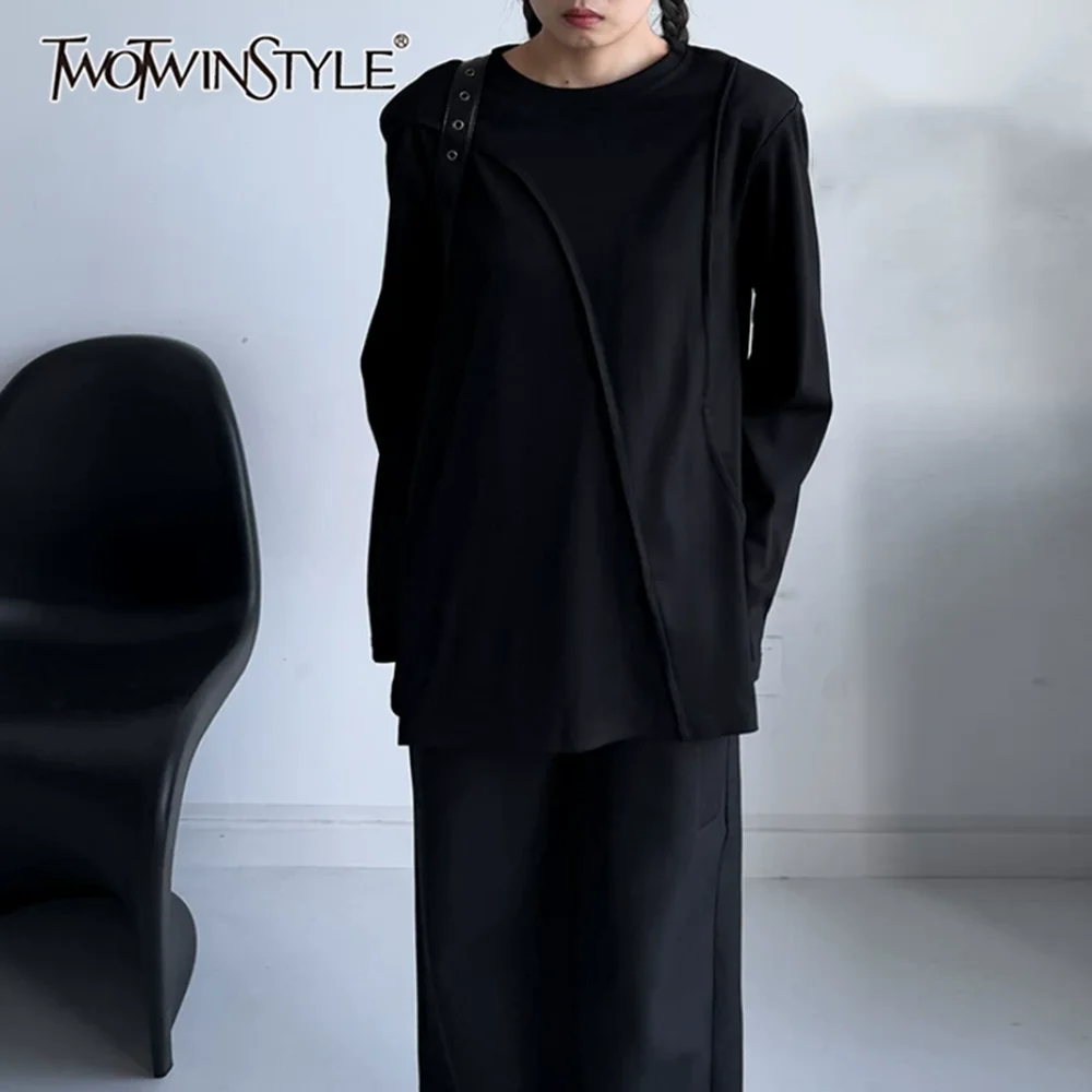 TWOTWINSTYLE Solid Spliced Asymmetric Seam Slimming Blouse for Women Round Collar Long Sleeve Casual Blouses Female Fashion New