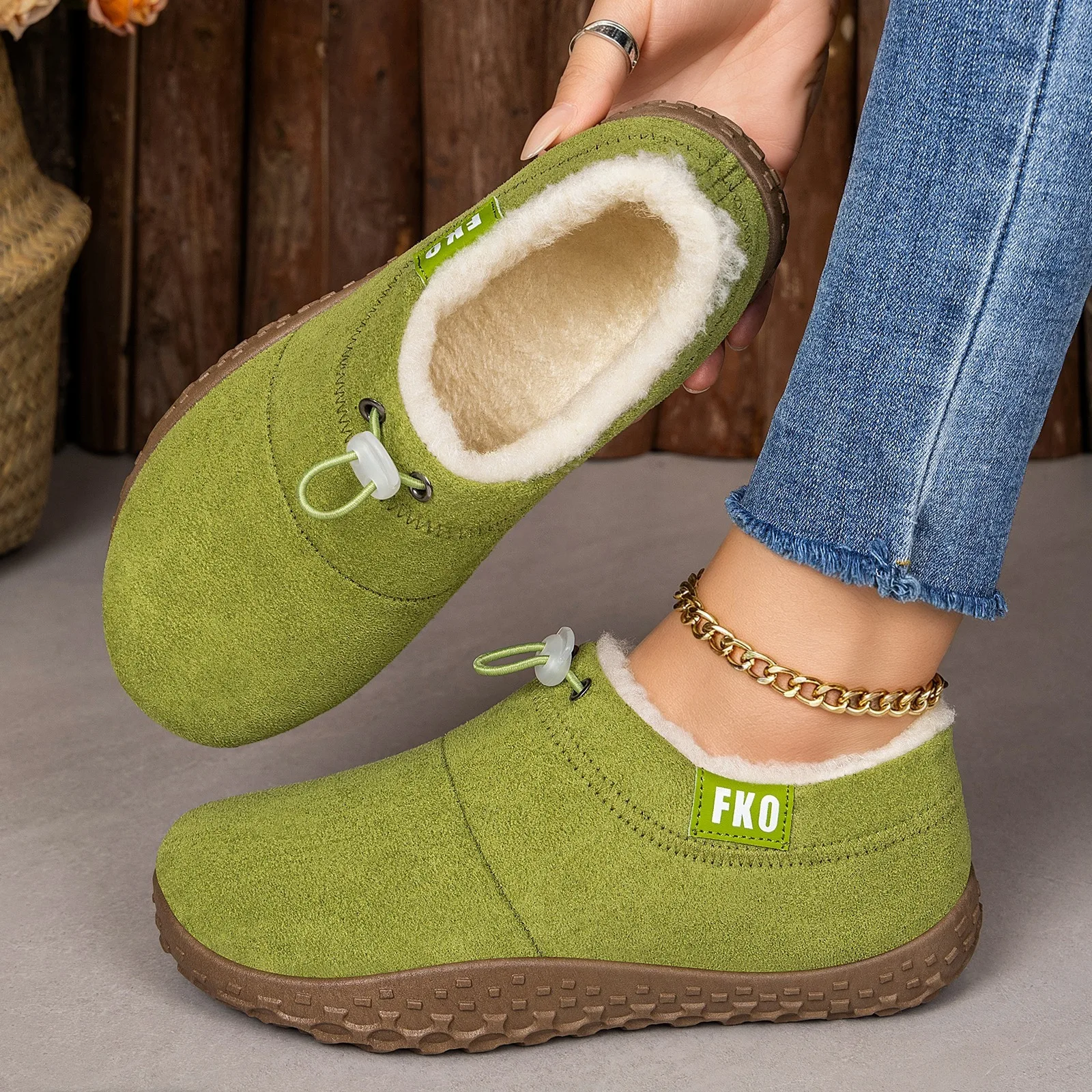 Damen-Winterschuhe mit Fleece-Futter, zum Überziehen, mit Kordelzug am Schaft, warm, rutschfest, flache Stiefeletten, für den Außenbereich, lässig, kurze Schneestiefel. – Detail 2