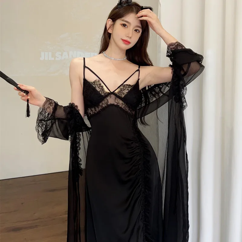 

Nighty&Robe Set Sleepwear Nightdress Silky Satin Women Bathrobe Gown Suit Home Wear Spring Summer Female Kimono Loungewear