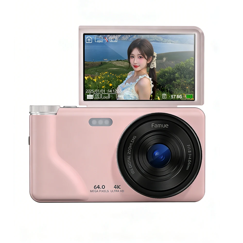 

Student Digital Camera,64MP,4K Video, 18X Optical Zoom, CCD Sensor, Beauty Mode, Li-Battery, Perfect Gift Pink Everyday Photos