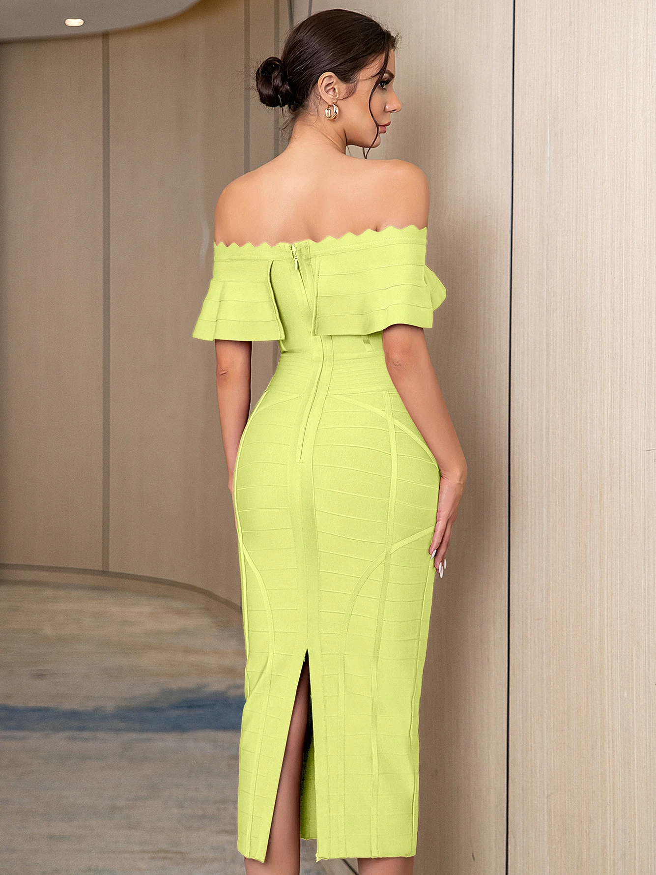 2024 New Fashion Summer Women Green Off Shoulder Bandage Dress Sexy Short Sleeve Midi Club Celebrity Night Runway Party Dresses