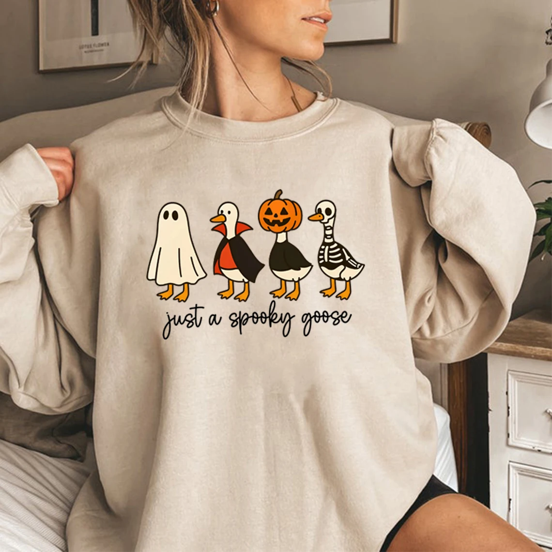 Just A Spooky Goose Halloween Sweatshirt Funny Halloween Goose Hoodie Long Sleeve Unisex Sweatshirts Cute Horror Graphic Hoodies