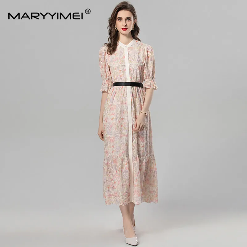 MARYYIMEI-Robe en dentelle à simple boutonnage pour femme, robe évasée, streetwear élégant, broderie, été