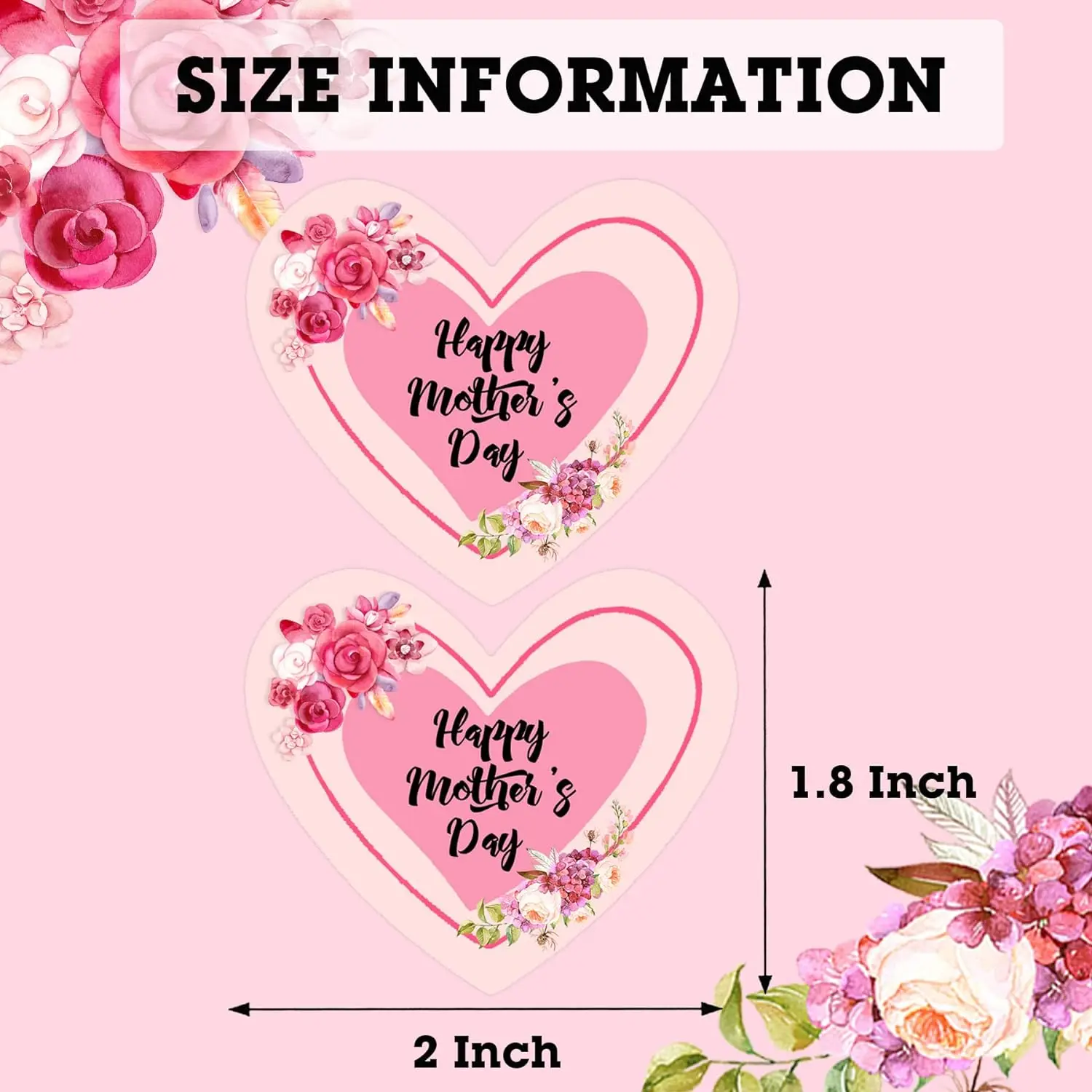 2 Inch Happy Mother's Day Heart Shaped Stickers Floral Mothers Day Gift Tags Mother's Day Presents Labels 500pcs