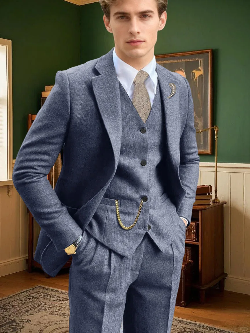 طقم بدلة رجالي مكون من 3 قطع بلون سادة من التويد متعرج طقم بدلة ضيقة واحدة الصدر بدلة العريس للأعمال سترة وسراويل #4