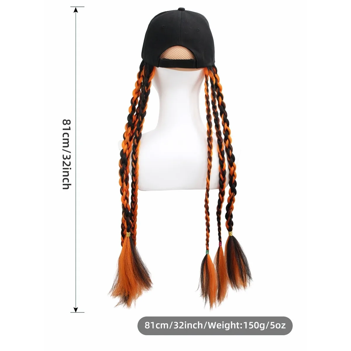 Gorra de béisbol trenzada negra y naranja de Halloween, accesorio para el cabello dulce y fresco oscuro, diseño de peluca sintética con sombrero desmontable de una sola pieza