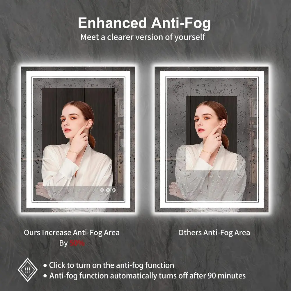 مرآة مضاءة LED 36 × 28 مع إضاءة متدرجة، 3 ألوان قابلة للتعتيم، عالية CRI، مضادة للضباب، مثبتة على الحائط أو مرآة حمام معلقة #6