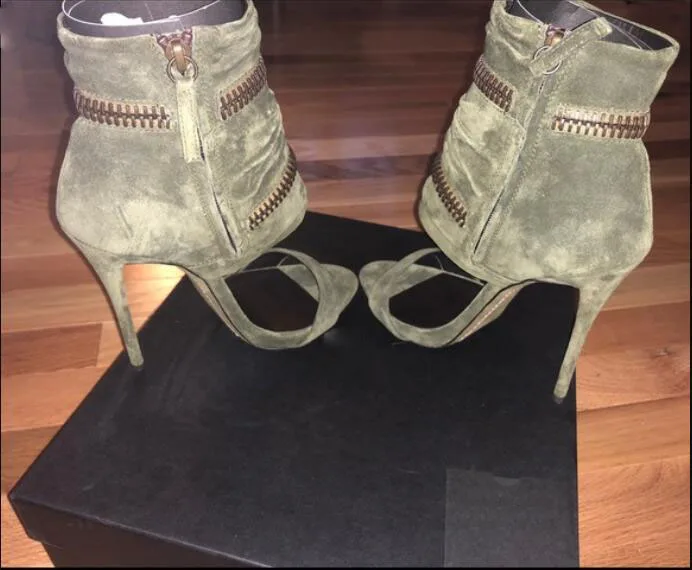 Double Zip Decor Ankle Wrap High Heel Summer Boots Women Sandals Retro Elegant Flock Female Covered Heeled Open Toe Suede Shoes