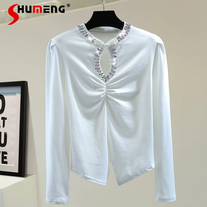 

Irregular Buckle Wearing Solid Color Bottoming Shirt 2024 Spring Summer High Waist Short Studded Beaded Pleated Collar T-shirt