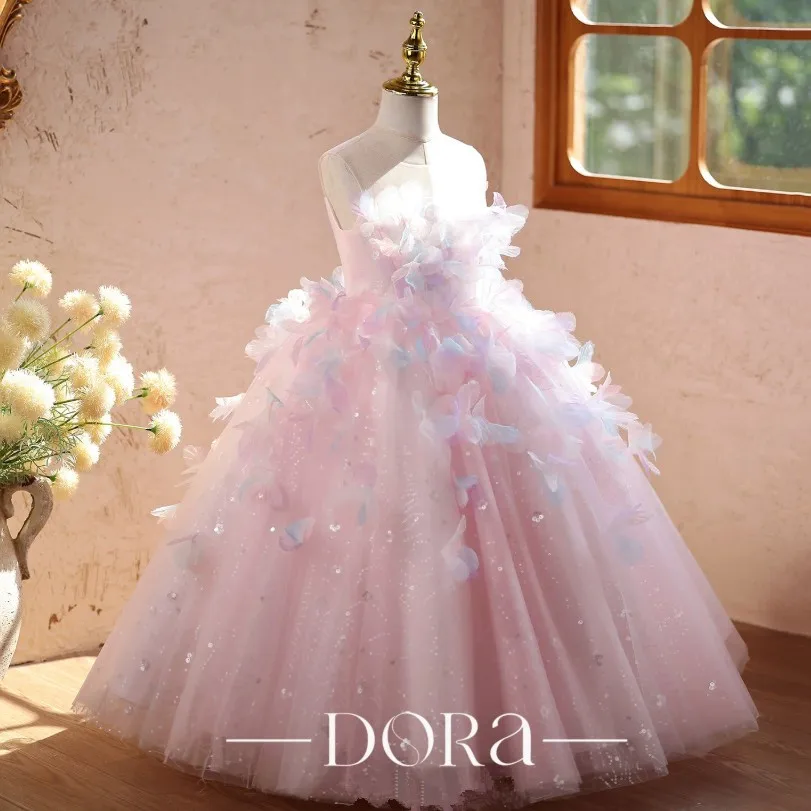 Mädchen-Festkleid Rosa Tüll Bodenlanges Pompöses Kleid Blumenmädchenkleid für Hochzeit Geburtstag Klavier-Aufführung Party A5093 – Detail 5