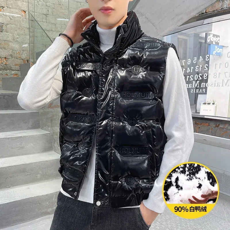 

DOWN vests Thicken Bright Vest Men Winter Warm casual 90% white duck down Waistcoat male Gielt Casual black sliver Man