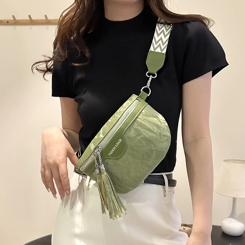 2 Set Casual Bag For Women Travel Crossbody Chest Bag Zipper Pouch Banana Waist Bag 2024 New Green Black Pu Leather Fanny Packs