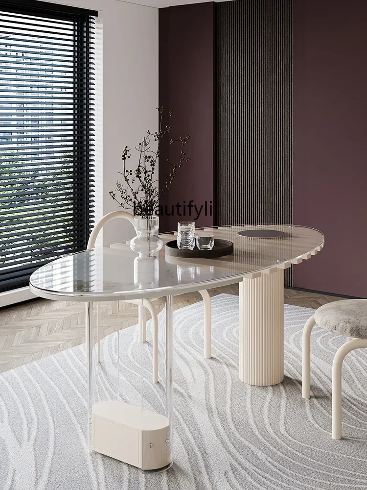 TTT Cream wind oval suspension tempered glass solid wood dining table simple modern light luxury