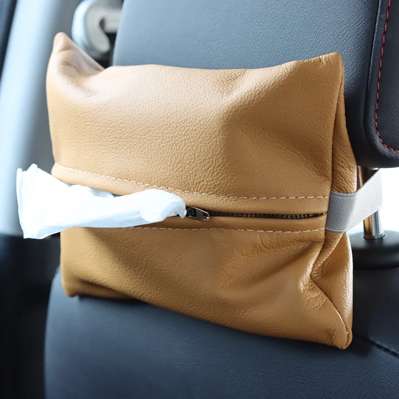 

Luxury Top Layer Cowhide Tissue Box Bronze Zipper Drawstring Storage Bag for Living Room And Car Creative Storage Organizer