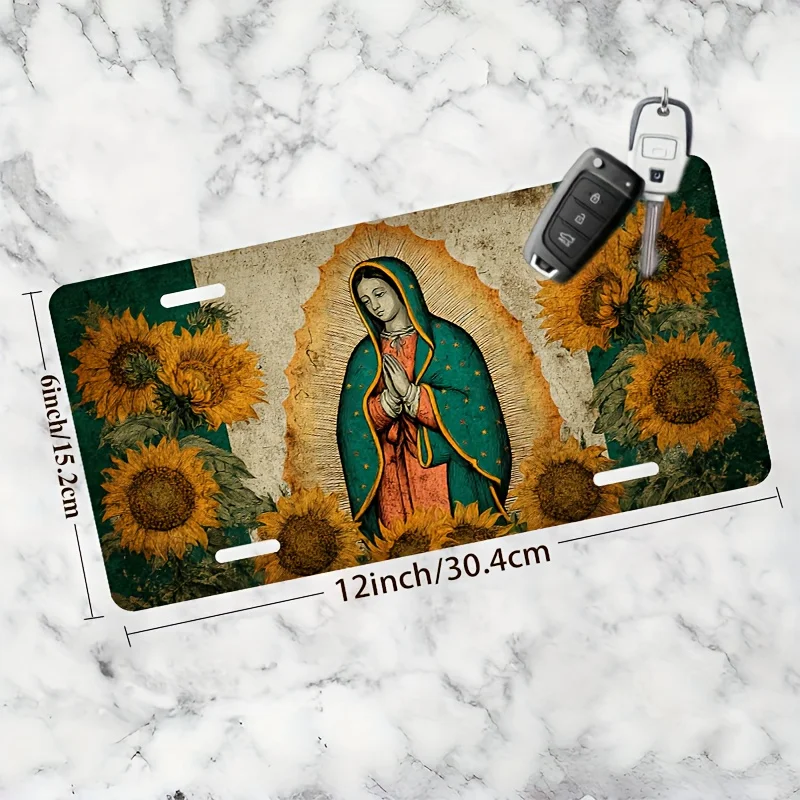 2D Flat, Our Lady of Guadalupe and Sunflower Car Front License Plate |, Novelty Decoration, Suitable for Men/Women