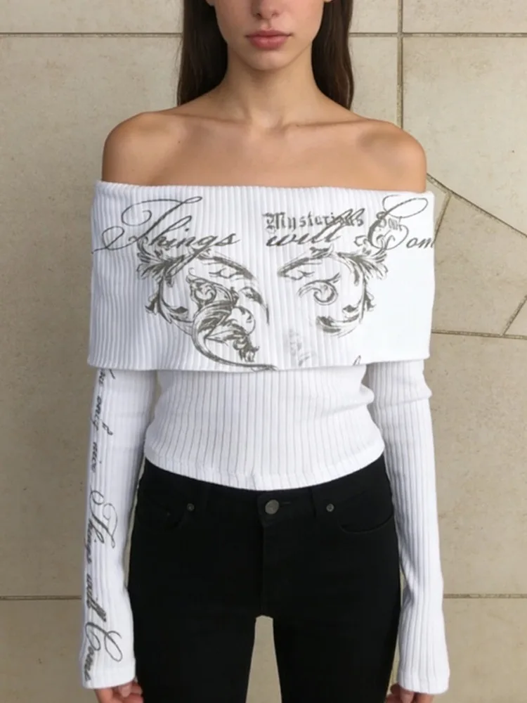 Camiseta feminina de manga comprida, manga comprida, elegante, sem ombro, gola única, elegante, emagrecimento, essencial para primavera e S