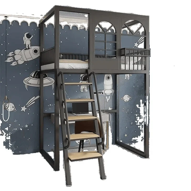 Simple and space-saving wrought iron bed Two-layer elevated bed Double bunk one ladder Two beds High and low bed chain