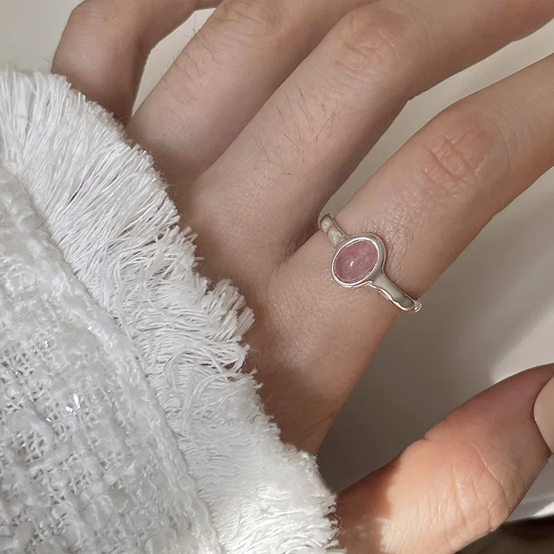 Anillo de Plata de Ley 925 con Piedra Rosa para mujer, sortija con diseño geométrico, abierta, hecha a mano