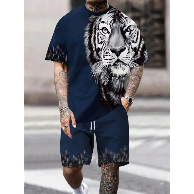 2025 Hot Selling Fashionable Men's 3D Printed Lion Print Round Neck T-shirt Shorts Set Outdoor Casual Top Two-piece Set