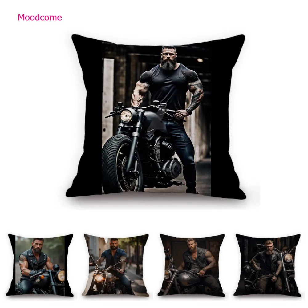 Handsome sexy Muscle Man Motorcycle Chopper Bike Poster Art Home Decorative Sofa Pillow Case Cotton Linen Cushion Cover