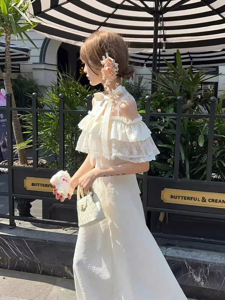 Elegantes japanisches Spitzenkleid für Damen, kurzärmelig, Vintage, Y2k-Kleidung, Abendparty, einteiliges Kleid, koreanische Mode, Sommer 2025,