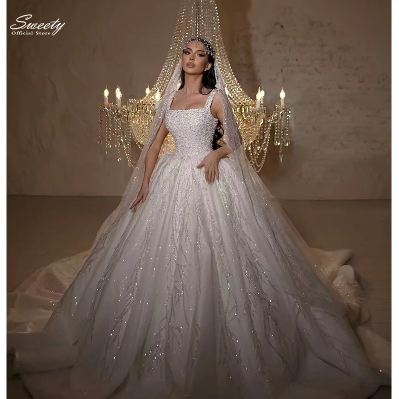 Shiny Chic Wedding Dress Organza With Embroidery  Bead Ball Gown Strapless Sleeveless Bridedress Customized Vestido De Casamento