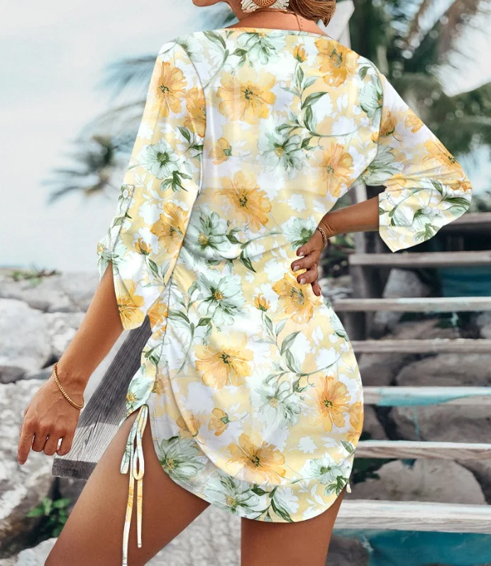 

Women Dresses for Summer Women's Wear 2025 New Fashion Female Casual Floral Print V-Neck Hollo Out Slit Drawstring Smock Dress
