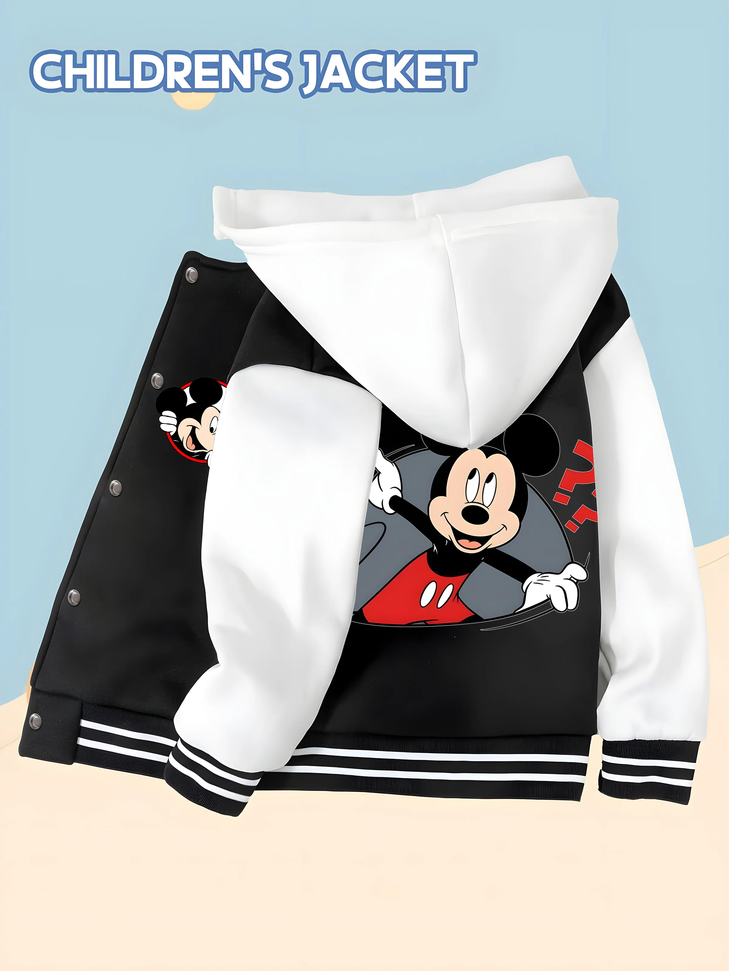 

MINISO Disney Mickey "WHAT" Boys' Baseball Jacket - Double-sided Mickey print fabric, skin-friendly and versatile for school