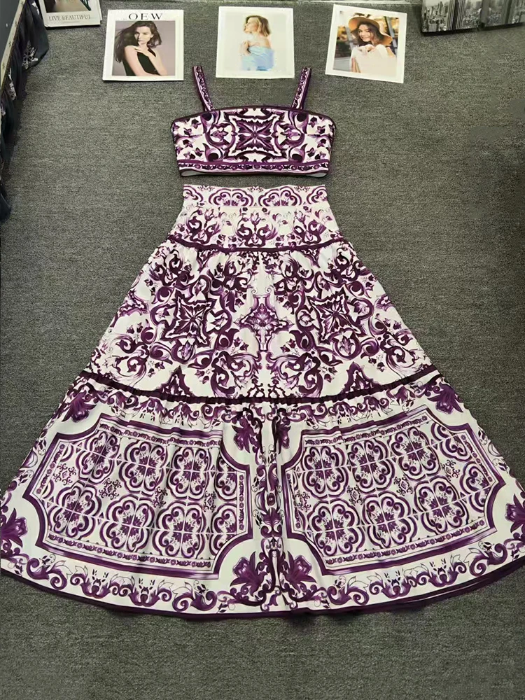 

Retro geometric print suspender strapless two-piece set for 2025 summer women's wear+high waisted loose skirt fashion set