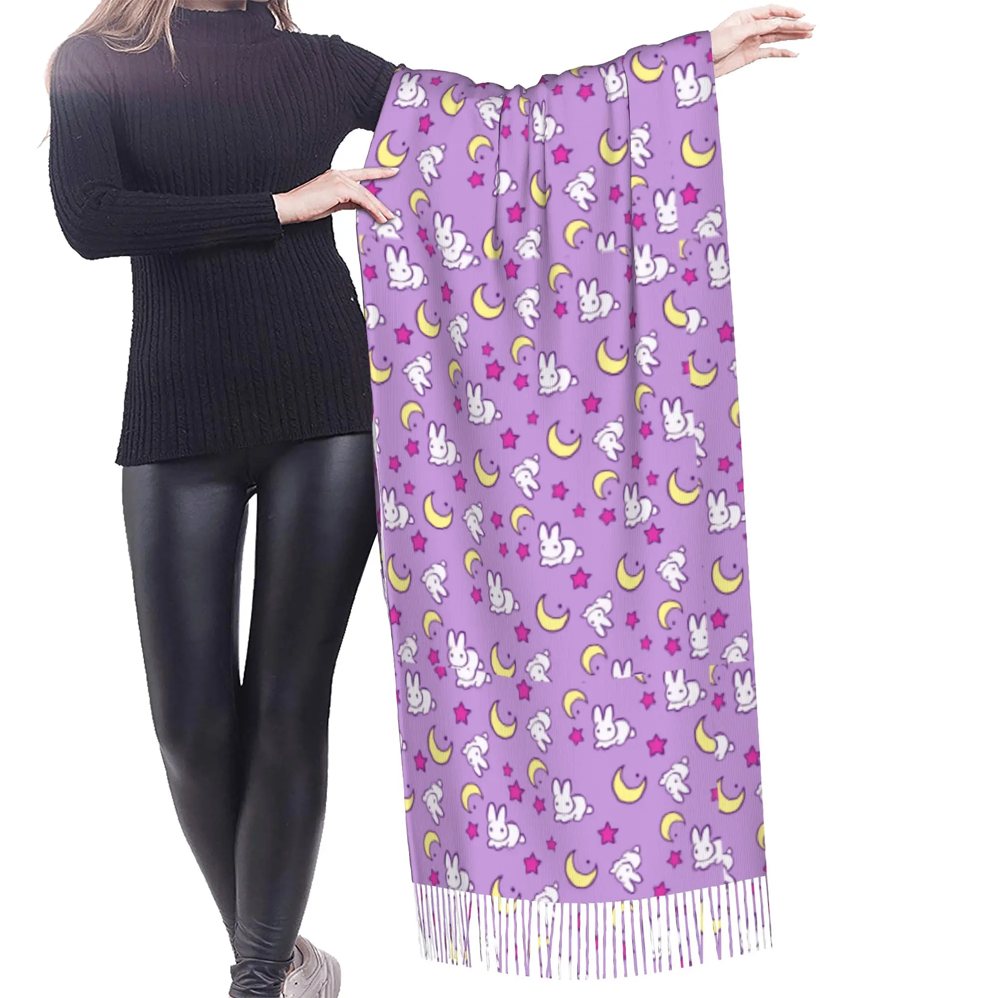 Custom Sailored Manga Anime Mooned Scarf Wrap Women Long Winter Fall Warm Tassel Shawl Unisex Usagi Tsukino Luna Scarves
