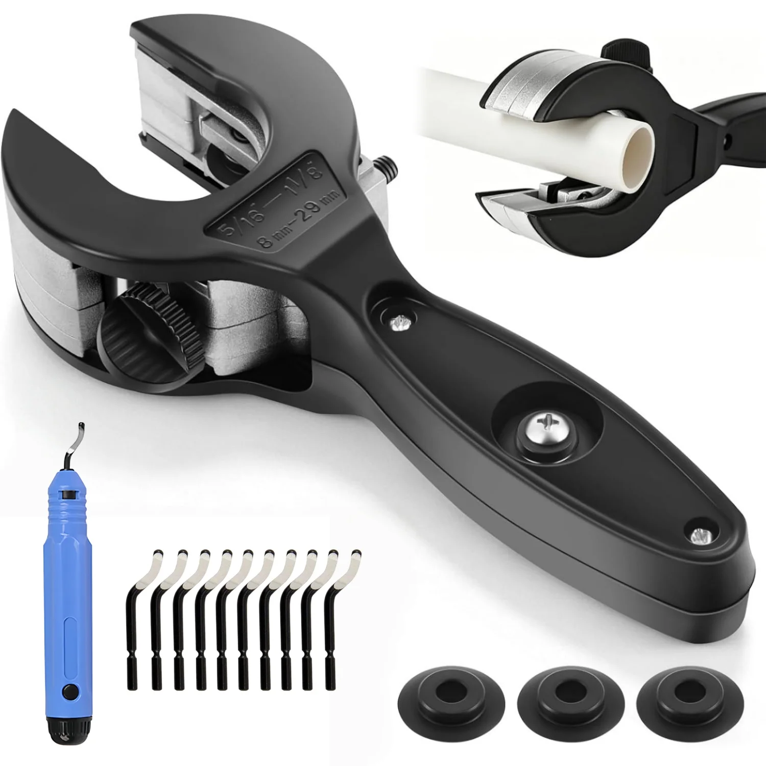 Pipe Cutter Set Ratchet Tubing Cutter Close Quarters Pipe Cutter with Deburring Tool Set for Copper Aluminum & PVC Plastic Pipes