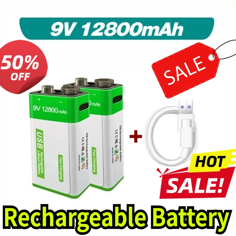 Rechargeable 9V Battery,12800mAh Large Capacity 9 Volt Li-Ion Batteries Charge with Type-C Cable, for Smoke Detector,Fire Alarm