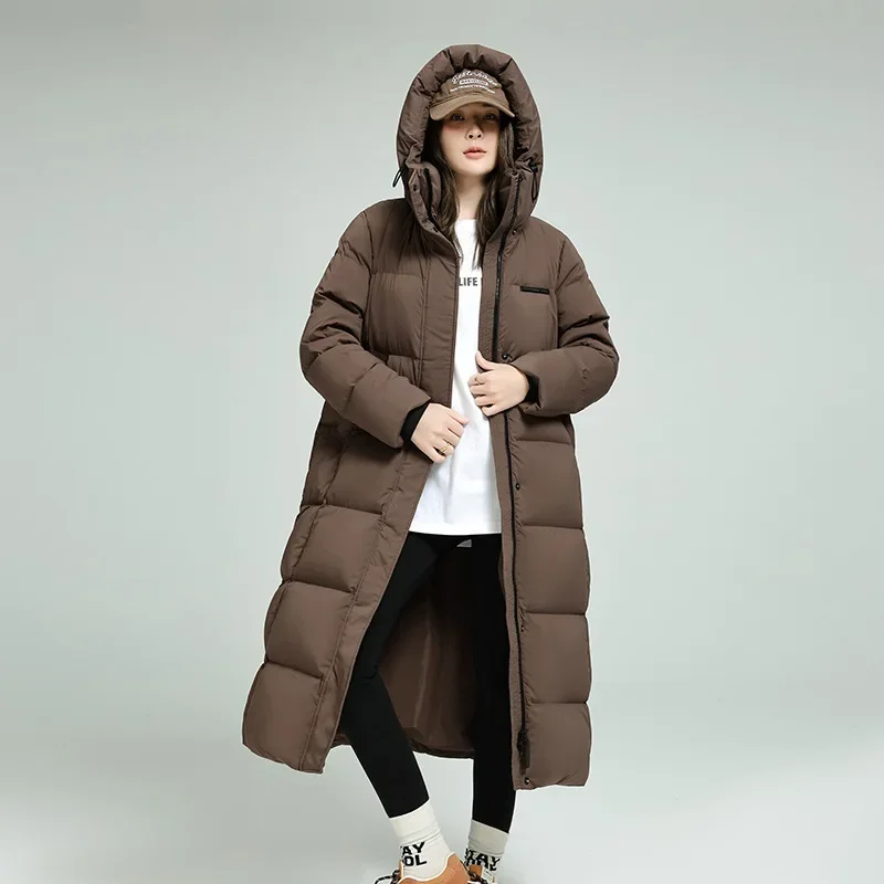 Długa, prosta kurtka puchowa dla kobiet, płaszcz zimowy do ziemi, 90% puchu kaczy, ultra ciepły, jednolity kolor, elegancki.