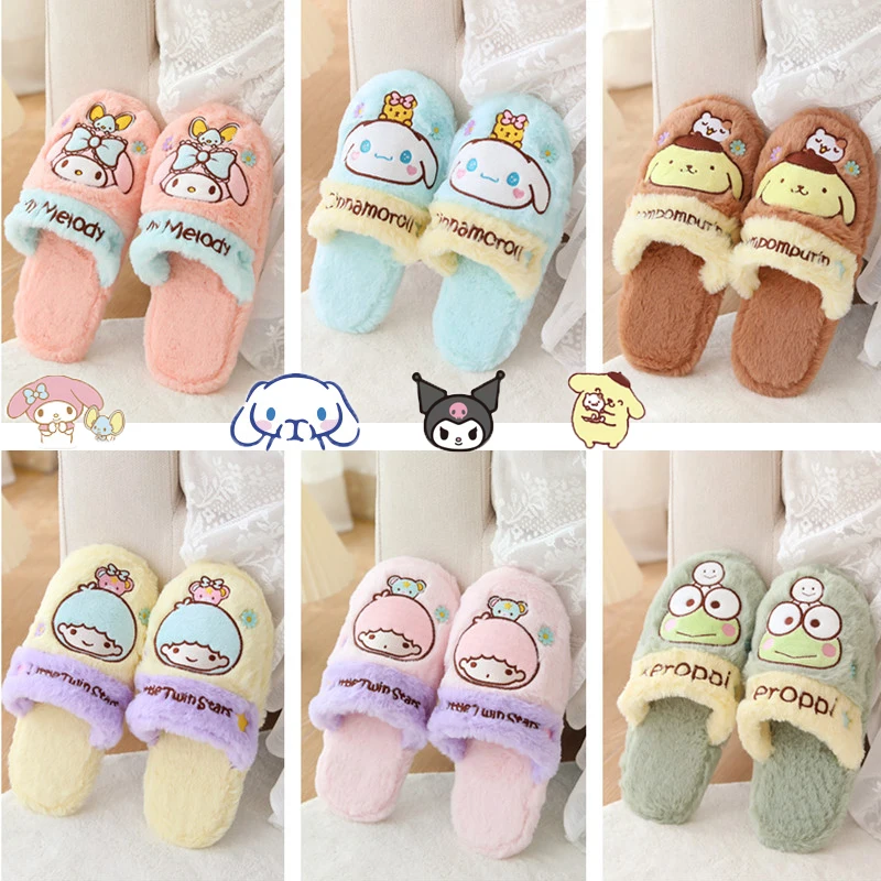 

Sanrios Cinnamoroll Kuromi MyMelody Kawaii Cartoon Plush Slippers Women winter House Flat Floor Soft Slient Slides Girls Gifts