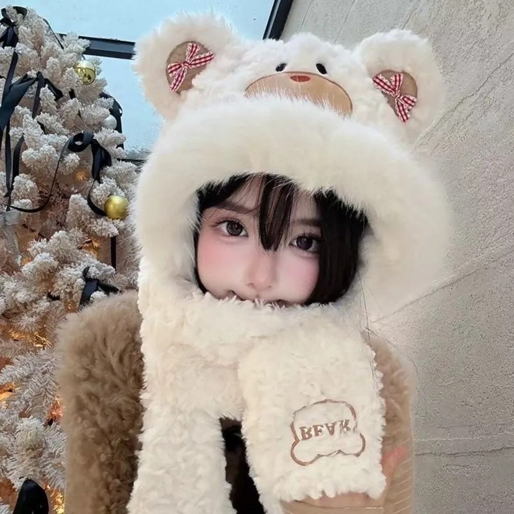 NEW 3-in-1 Little Bear Hooded Scarf Windproof Ear Protection Gloves Scarf Hat Soft with Mittens Winter Scarf Outdoor