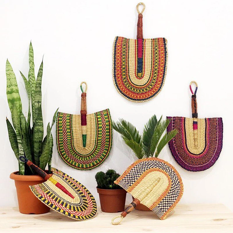 

leather handle Mandala home art background wall decoration fan practical hand fan Handmade natural grass weave decorative fan